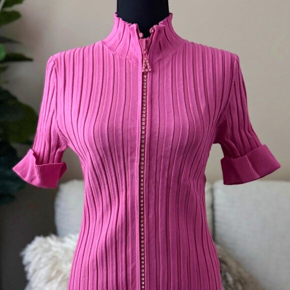 Belldini Sexy Pink Rhinestone Crystal Zipper Mock Neck Collared Shirt Medium M - Picture 3 of 6